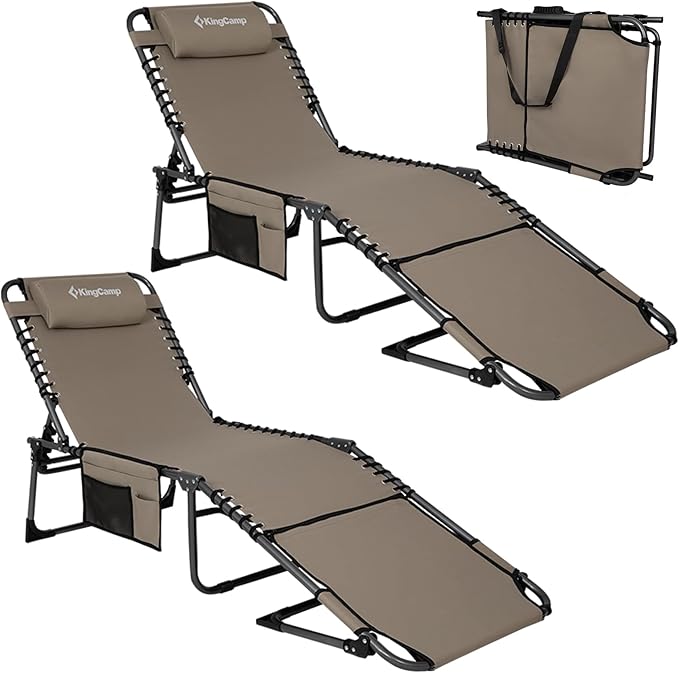 KingCamp 2 Pack Tanning Chair with Face Hole, Lounge Chairs Outdoor Folding Comfy Adjustable 5-Position Lay Flat Foldable Chaise Chaser Lounger for Outside Beach Patio Sun Bathing Pool, Beige