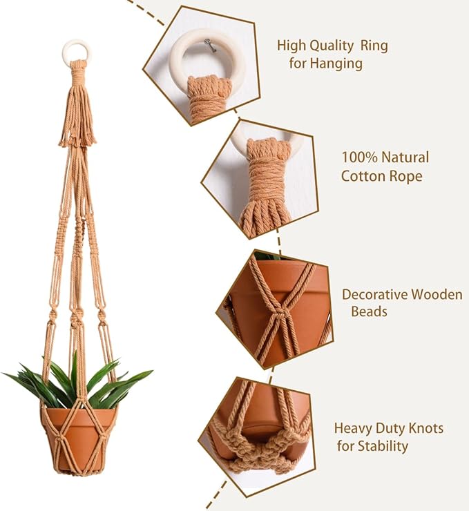 Artilady Plant Hanger Indoor Macrame Hanging Planters for Plants Holder Boho Brown Basket No Tassels Farmhouse Rustic Window Wall Decor (Brown Planter-1pcs)