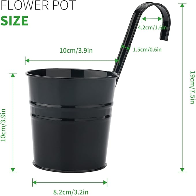 KINGLAKE Flower Pots,10 Pcs Metal Iron Hanging Flower Plant Pots Balcony Garden Plant Planter Baskets Fence Bucket Pot 4'' Flower Holders with Detachable Hook Black