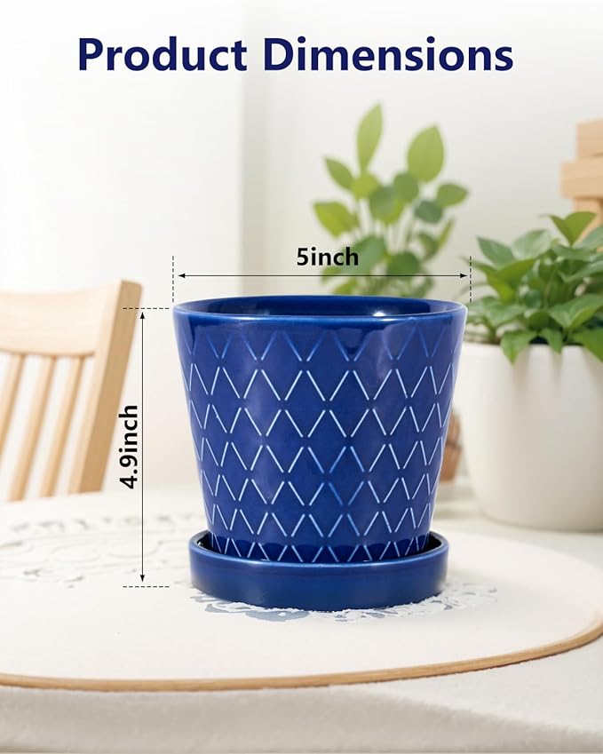 BUYMAX Ceramic Plant Pots –5 inch Indoor Flower Pot with Drainage Hole and Ceramic Tray - Gardening Home Desktop Office Windowsill Decoration Gift, Set of 4-Plants NOT Included(Blue)