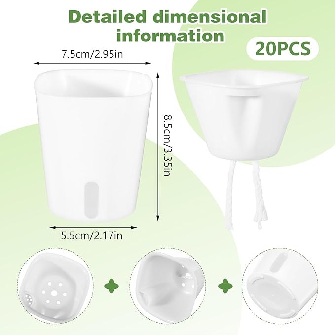 20 Pcs 3 Inch Self Watering Pots for Indoor Plants, White Plastic Self Watering Planters with Wicking Rope Visual Water Level & Vent Holes for Succulents, Flowers Indoor Outdoor