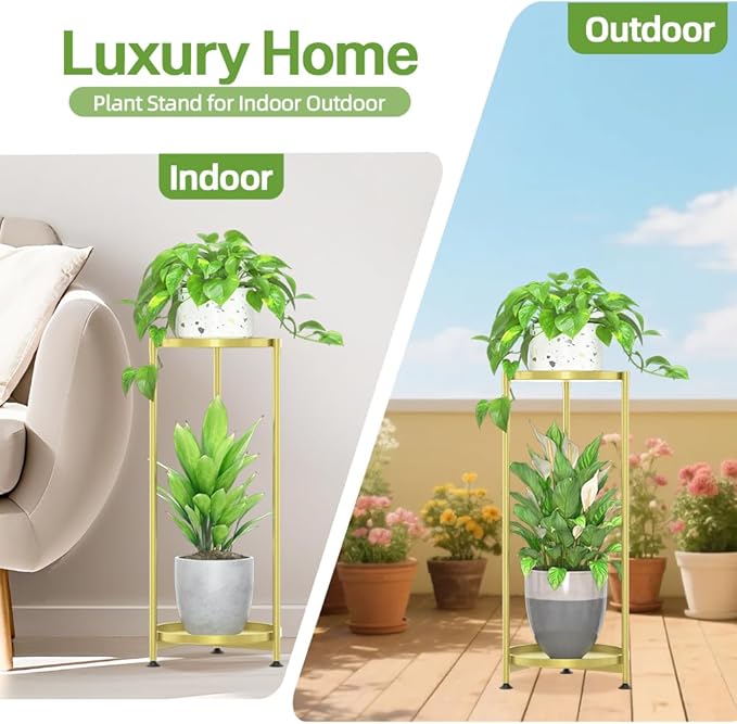 iDavosic.ly 2 Tier Corner Plant Stand Indoor, Tall Vertical Metal Flower Heavy Duty Pot Holder Shelf Outdoor for Patio Porch Living Room, Gold - Round