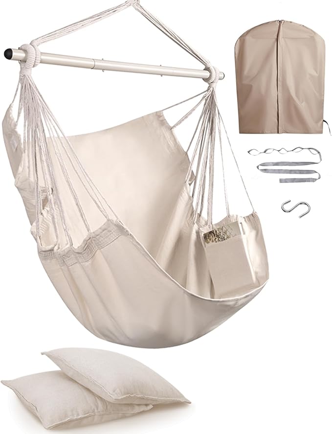 Miztli Hammock Chair with Hanging Chair Cover – 2 Cushions, Steel Spreader Bar with Anti-Slip Rings, Comfortable Indoor & Outdoor Hanging Chair – Includes Protective Waterproof Cover (57x45.5 in)