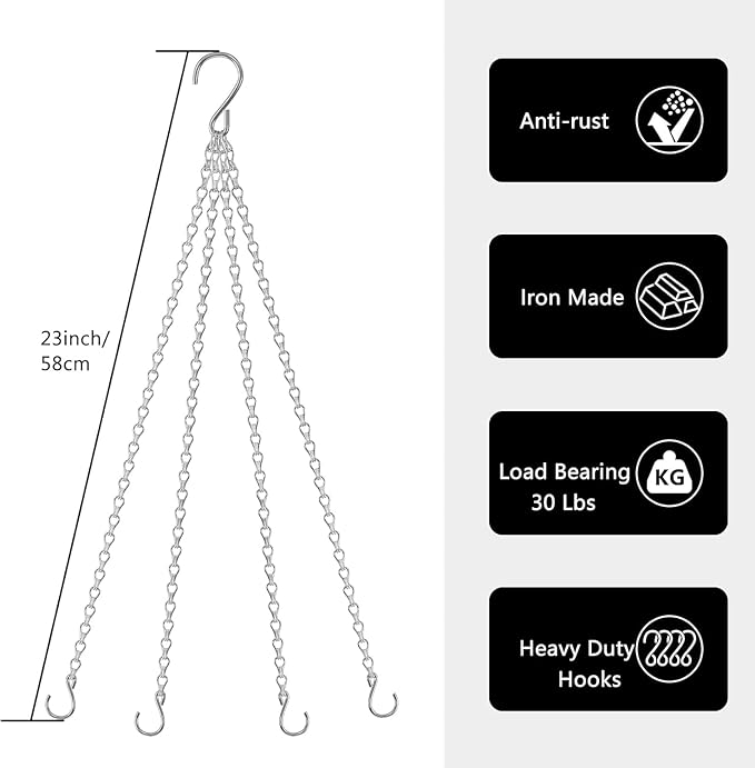 garini 6 Pack, 23 Inch Silver Hanging Baskets Chain, Hanging Chains with Hooks Flower Pot Chain Replacement Plant Hangers for Planters, Bird Feeders and Lanterns