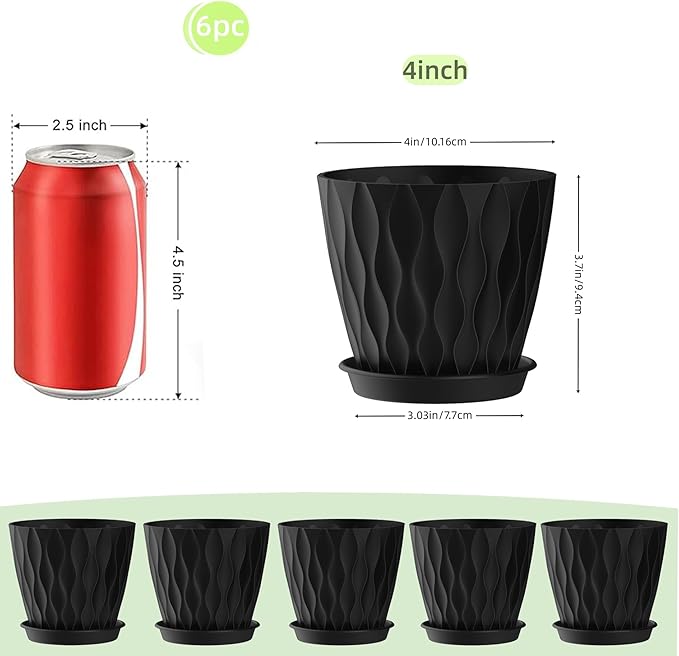 4 Inch Plant Pots, 6 Pack Indoor Flower Pots, Planters with Drainage Holes and Trays for Orchids, Violets, Succulents, Herbs, and Other Plants, Black