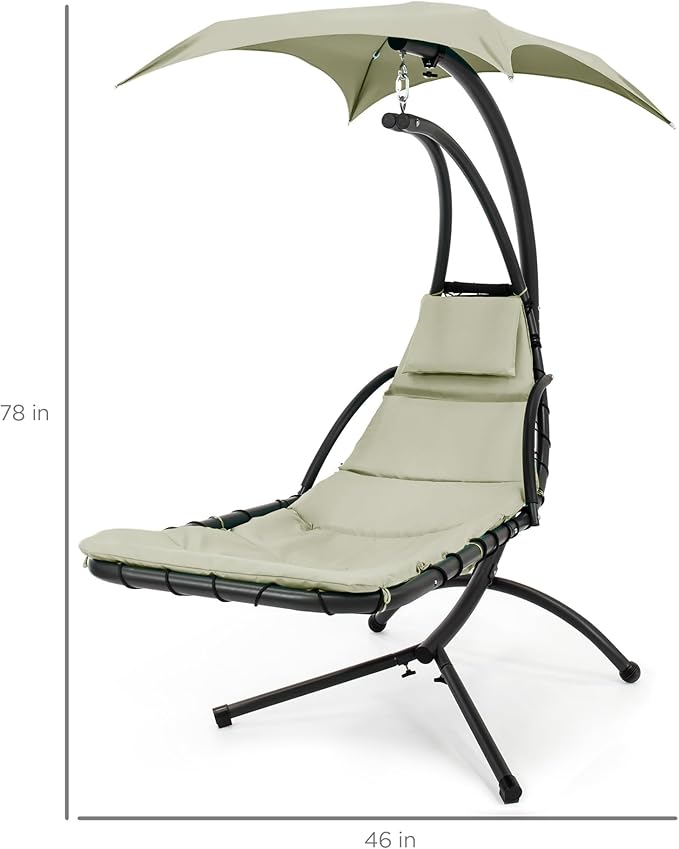 Best Choice Products Outdoor Hanging Curved Steel Chaise Lounge Chair Swing w/Built-in Pillow and Removable Canopy - Sage