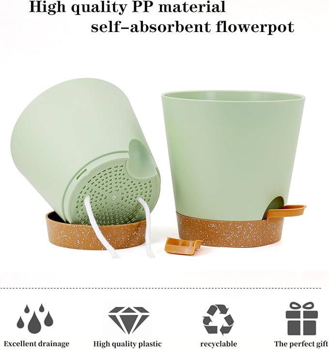 5 Pack 5 inch Self-Watering Pots, African Violets Planter with Drainage Holes and Reservoir, Green Brown Plastic Planter for Indoor Outdoor Plants Flowers and Houseplants Green Brown, 5 inch 5 pcs