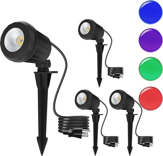 Spotlight Outdoor – 120V Plug-In, 6500K Cool White LED Landscape Lighting with RGB Purple 4 Color Lenses for Yard, Garden, Lawn & Tree Decor on Holidays&Everyday, IP67 Waterproof (4 Pack,Black)