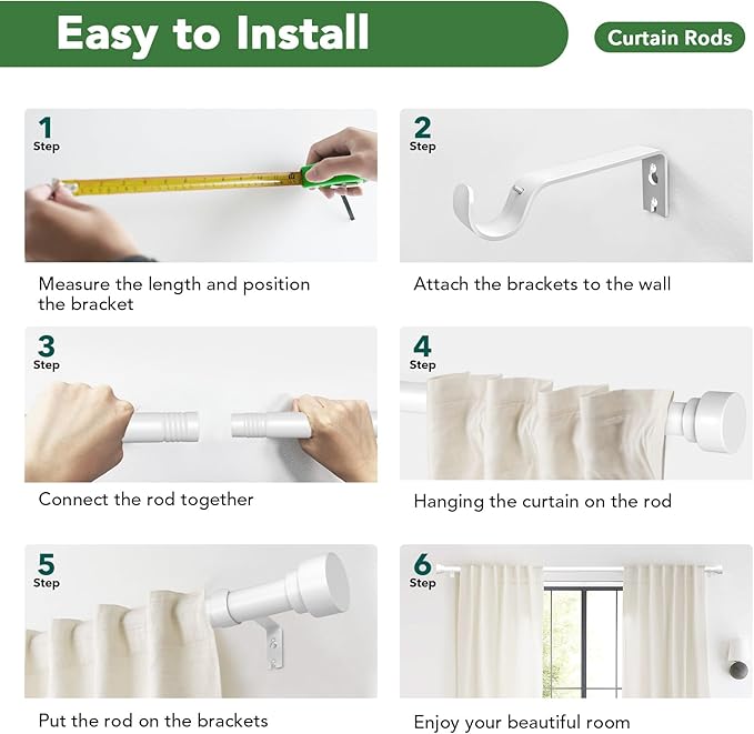 Curtain Rods for Windows 48 to 84, 1 Inch Adjustable White Heavy Duty Long Curtain Rod, Modern Style Indoor Outdoor Window Drapery Rods with End Caps, Size 32" - 90"