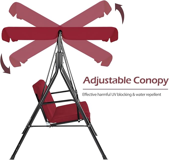 AECOJOY Porch Swing with Stand, 3-Seat Outdoor Clearance Porch Swings for Adults, Outdoor Patio Swing with Adjustable Canopy & Removable Cushion for Backyard, Garden, Yard, Poolside, Balcony (Red)
