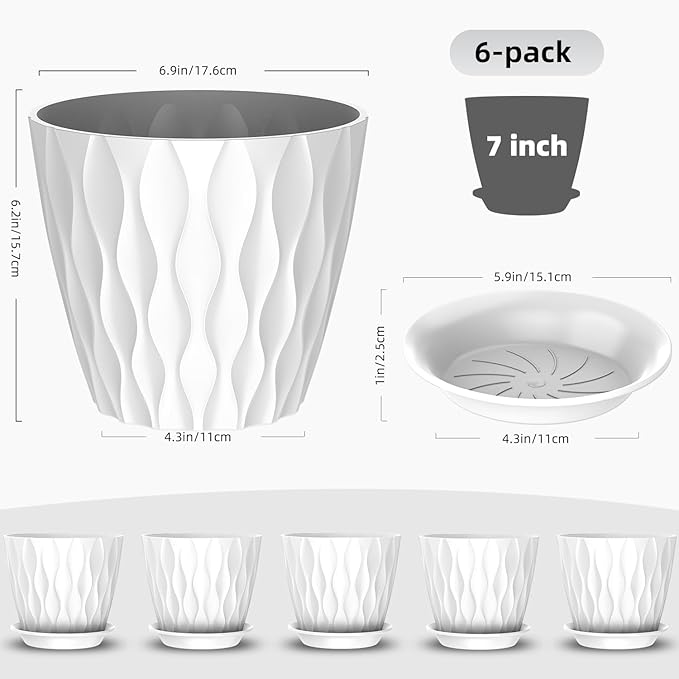 6 Pack 7 Inch Indoor Plant Pots with Drainage Holes, Outdoor Plastic Decorative Flower Pots, Garden Planters with Tray Saucers for Orchids, Violets, Succulents, Herbs, and Other Plants