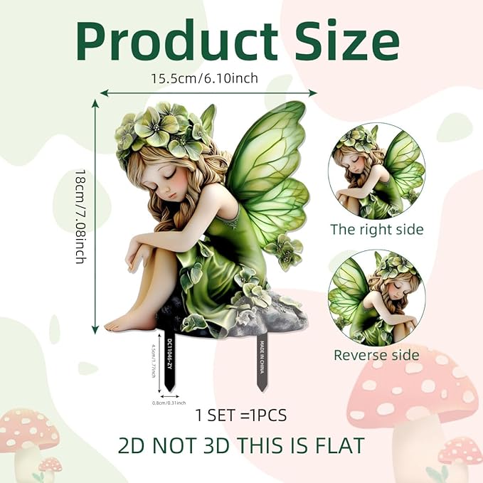 Fairy Garden Stake Decor, Acrylic 2D Garden Fairy Decoration, Fairy Garden Accessories for Outdoor Indoor Yard Lawn Pot Plants (Green Flower Fairy)