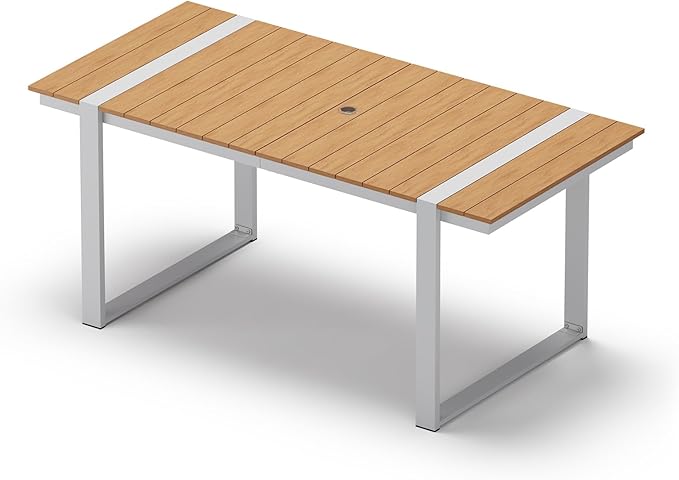 Outdoor Dining Table for 6, HDPS+ Aluminum Patio Dning Table with U-Shape Leg, Size: 67.4"*32.3"*29.6",Modern Rectangular Table for Lawn, Garden (White-Teak)