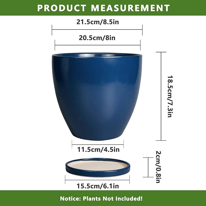 Ceramic Plant Pot - 8 Inch Planter for Indoor Outdoor Plants, Round Flower Pots with Drainage and Tray, Home Office Decor, Blue