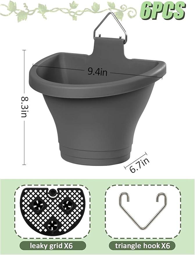 MADHOLLY 6Pcs Vertical Hanging Planters for Outdoor Plants - Wall Plant Holder for Indoor Decorations Garden Fence, Plastic Flower Pots with Drainage Grid and Hooks (Gray)