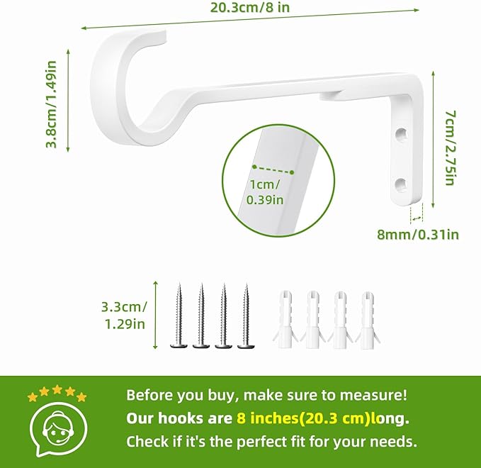 8 Inch 2 Pack White Heavy Duty Outdoor Plant Hangers, Iron Hanging Plant Brackets for Hanging Plants Outside, Metal Plant Hooks Plant Wall Hooks for Hanging Lantern, Bird Feeder