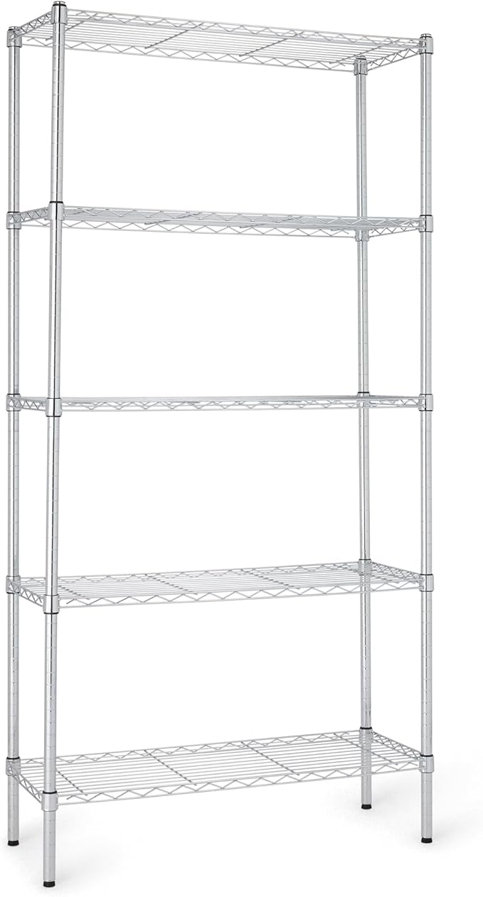 Amazon Basics 5-Shelf Adjustable Heavy Duty Steel Wire Rack, Space Saving Storage Shelving Organizer for Kitchen, Garage, No-Tool Assembly, 350 lbs Weight Capacity, 36" x 14" x 72", Chrome
