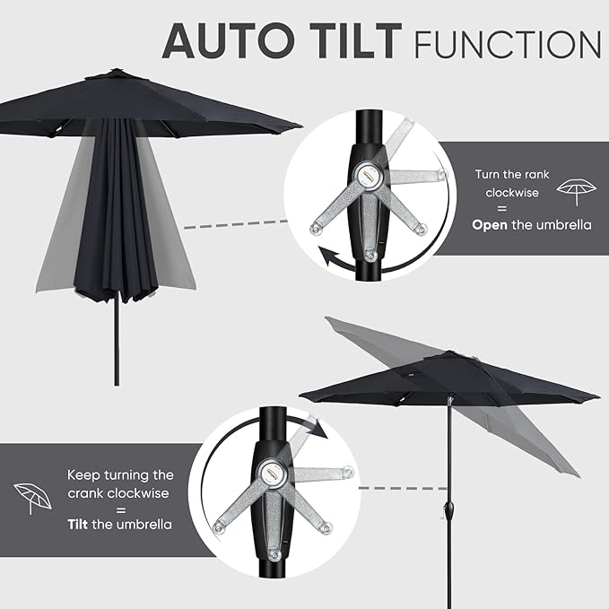 Tempera Patio Market Outdoor Table Umbrella with Auto Tilt and Crank, Large Sun Umbrella with Sturdy Pole & Fade Resistant Canopy, Easy to Set