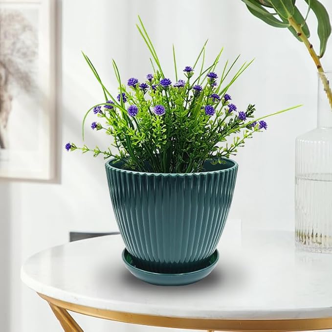 7.5/6.5/5.5/4.9/4.2/3.5 Inch Plant Pots with Saucers & Drain Holes - Indoor/Outdoor Flower Pots for Succulents, Herbs, Cactus - Modern Lightweight Durable Planter Set, Dark Green