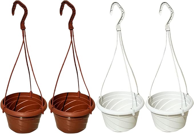 VIDELLY 4 Pieces Plastic Hanging Planters, 5.9 in Dia x 3.54 in H, Flower Plant Basket Pots Chain Holder Garden Decoration for Indoor and Outdoor Use, Beige White & Red