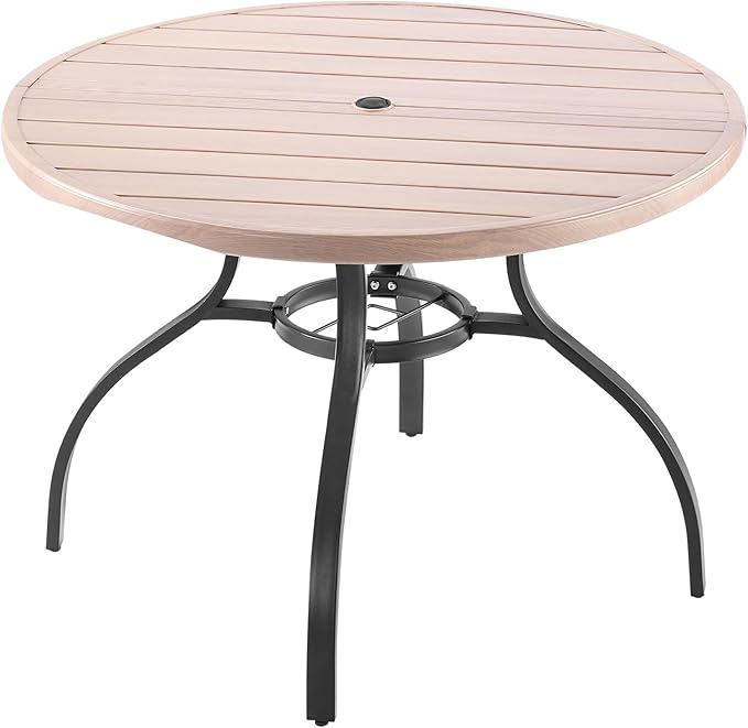 VEVOR Outdoor Patio Dining Table, 41 inch Round Wood-Like Steel Slat Backyard Bistro Coffee Tables for 4, with 1.5 in Umbrella Hole, Outside All-Weather Large Furniture for Lawn Garden Porch
