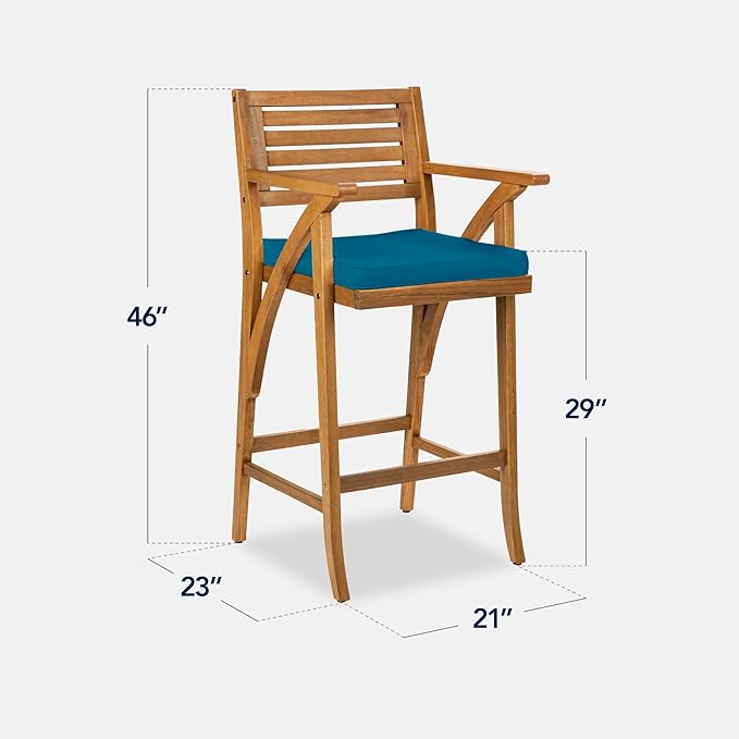 Best Choice Products Set of 2 Outdoor Acacia Wood Bar Stools Bar Chairs for Patio, Pool, Garden w/Weather-Resistant Cushions - Peacock Blue