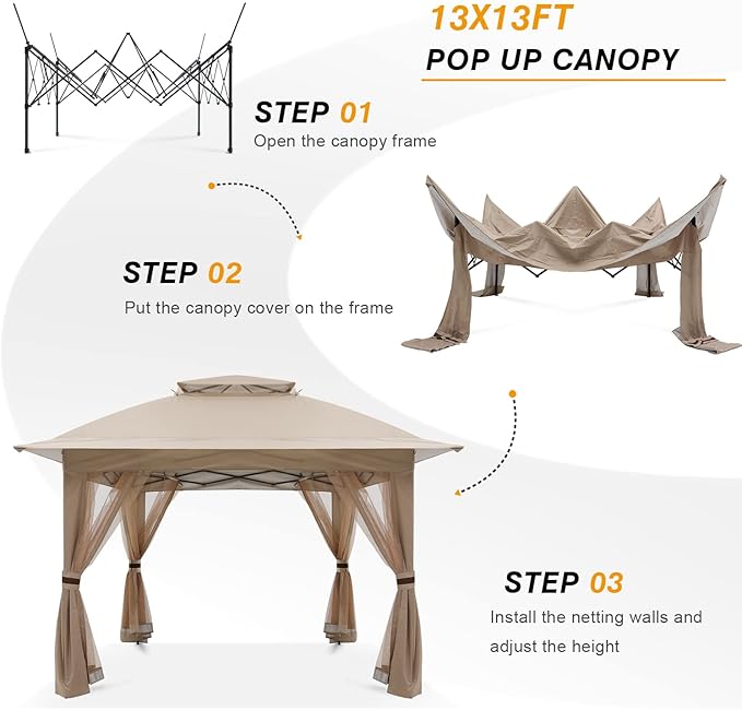 COOSHADE 13x13 Pop Up Gazebo Tent Outdoor Canopy Patio Shelter with Mosquito Netting(Khaki)