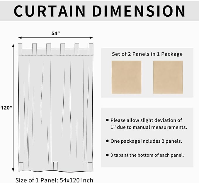 Easy-Going Outdoor Patio Curtains Detachable Tab Top Windproof Weatherproof Curtain for Cabana, Porch, Pergola and Gazebo, Tab Bottom Drape, 2 Panels, 54W x 120L inch, Beige
