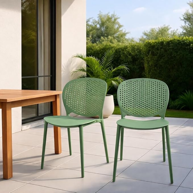 2xhome Set of 3 Patio Dining Chairs | Modern Stackable Outdoor Pool Side Chair | Weather Resistant Plastic for Yard, Porch, Balcony, Kitchen, Green