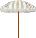 AMMSUN 7ft Patio Umbrella with Fringe Outdoor Tassel Umbrella UPF50+ Premium Steel Pole and Ribs Push Button Tilt, Stripe Beige
