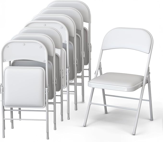 8 Pack Leather Chair | Foldable & Stackable | 350 lbs Capacity Steel Frame Seats for Indoor or Outdoor | Commercial Use Events Wedding Party Events Bulk Picnic Kitchen Dining - White