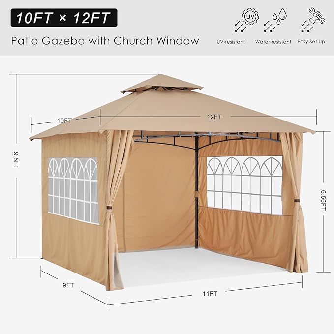 MASTERCANOPY Patio Gazebo Steel Frame Outdoor Gazebo with Windows Curtains (10x12,Beige)