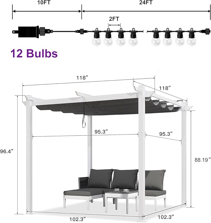 PURPLE LEAF 10' x 10' Outdoor Aluminum Pergola White Heavy-Duty Retractable Pergola with Light Patio Metal with Double Sun Shade Canopy for Backyard Gardens Deck, Grey