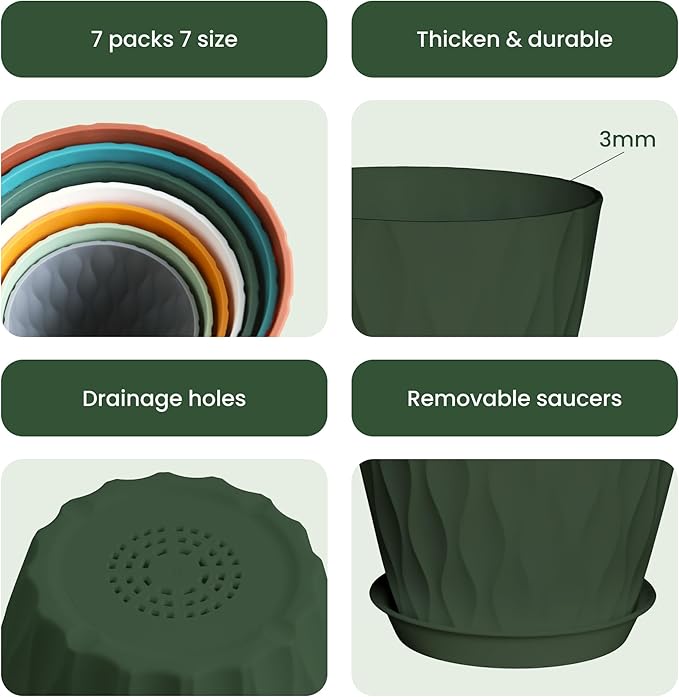 7/6.5/6/5.5/5/4.5/4 inch Plastic Plant Pots, 7 Pack Flower Planter for Indoor Outdoor Plant, Planters with Drainage Holes and Trays (Colorful)