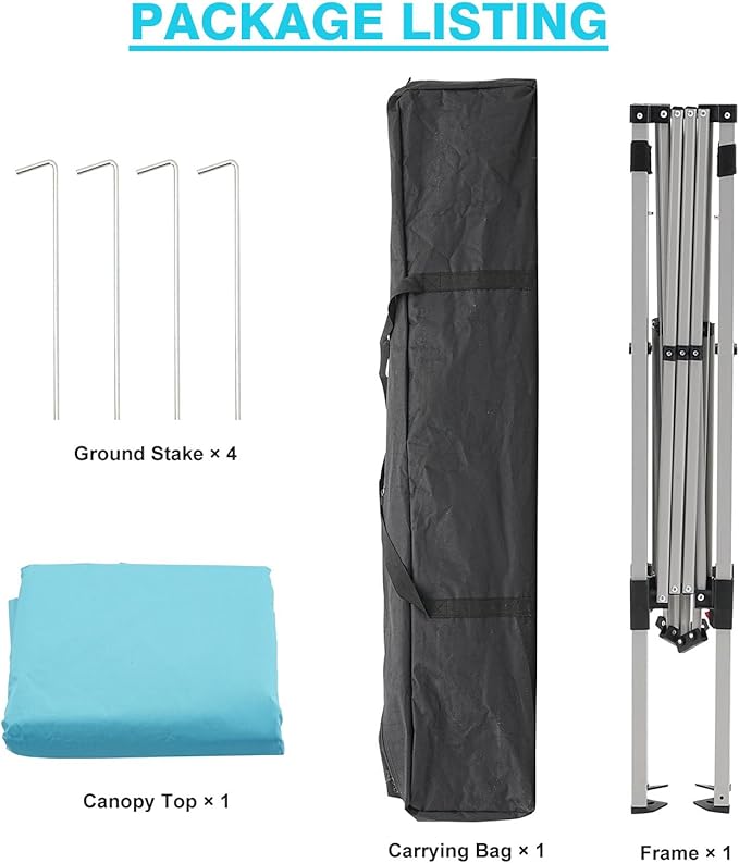 Canopy Tent, 10X10 FT Pop Up Canopy Outdoor Instant Tent Slant Legs with Carrying Bag, Portable Gazebo Shelter for Patio Deck Garden and Beach - 8X8 FT Canopy Cover (Cyan Blue)