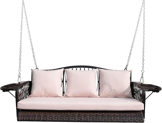 Wicker Porch Swing Heavy Duty 900 LBS 3-Seat Outdoor Patio Swing Chair with Cushions & 8.9ft Chains Outdoor Hanging Bench with Upgraded Cup Holders for Garden Deck Backyard