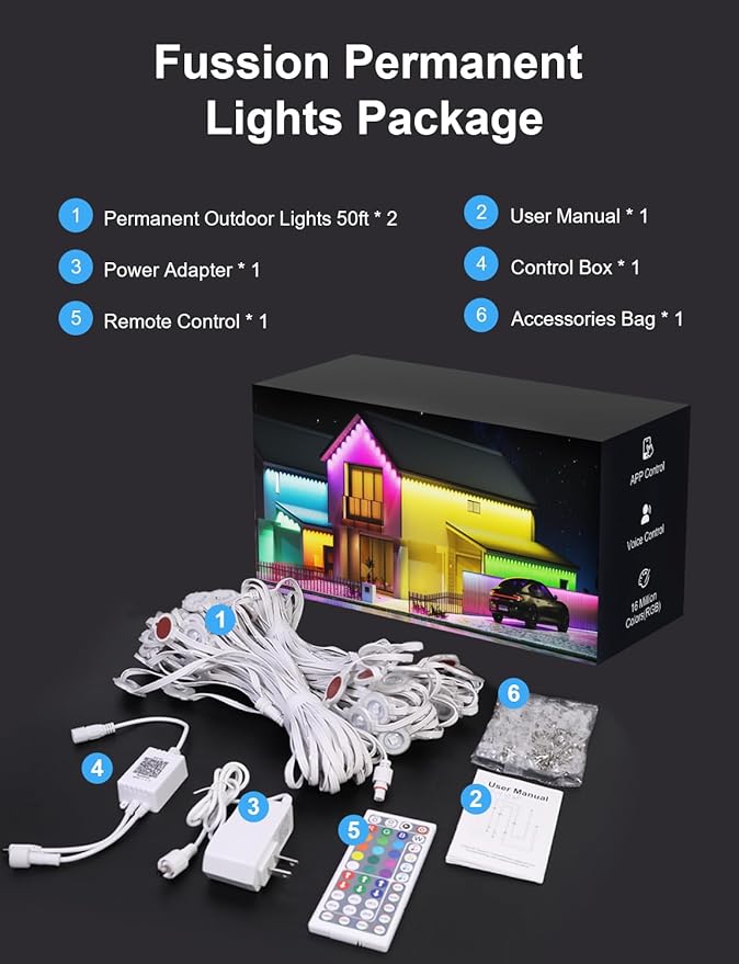 Fussion Permanent Outdoor Lights for House, 100ft RGB Halloween House Lights Outdoor with APP Remote Control, IP67 Waterproof Smart Eternity Eaves Lighting for Christmas, Holiday, Party, Daily