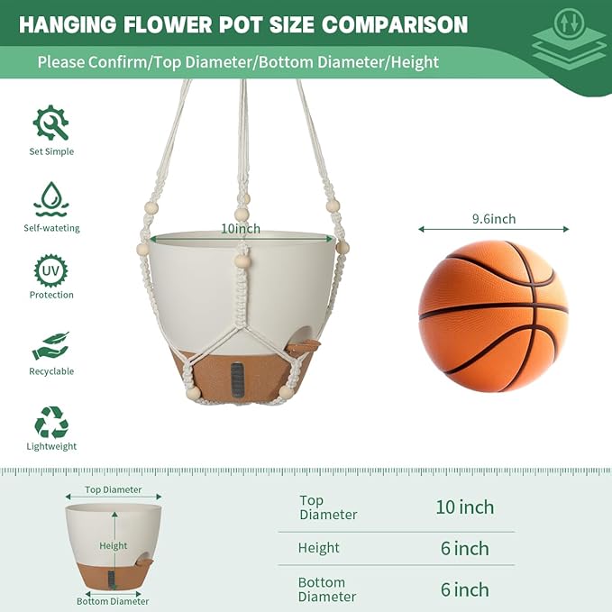 Self-Watering Hanging Planters for Indoor Plants Set 2-Piece Includes Plant Hanging Pot, Drainage-Hole Hanging Pot, and Hanging Basket Rack (10 Inches, White)