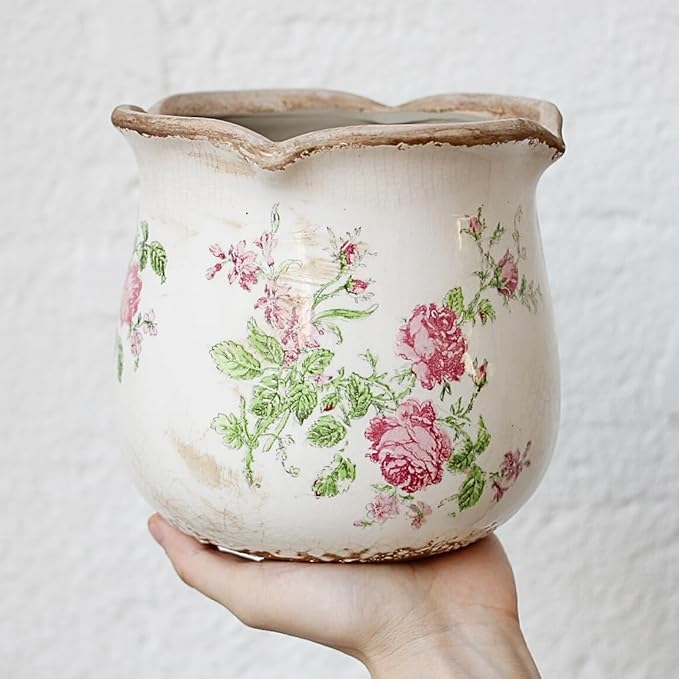 Shabby Chic Flower Pot, 6.11 Inch Ceramic Planter with Drainage for Indoor Plants, Vintage Ceramic Vase, Country Chic Spring Garden Home Decor, Pink Rose Floral
