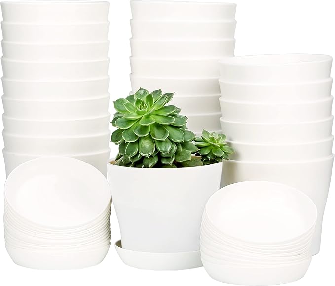 TDHDIKE 10 Pcs Plastic Planters Indoor Flower Plant Pots, Mini Flower Seedlings Nursery Pot/Planter/Flower Pot with Pallet, Modern Decorative Gardening Containers (White25)