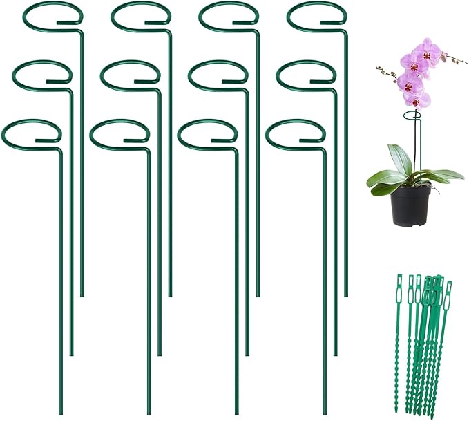 FEED GARDEN 16 Inch 12 Pack Plant Support Stakes, Metal Garden Flower Stakes and Supports for Outdoor Plants, Plant Stem Support with 24 Twist Ties for Amaryllis Lily Rose Peony Tomatoes Gladiolus