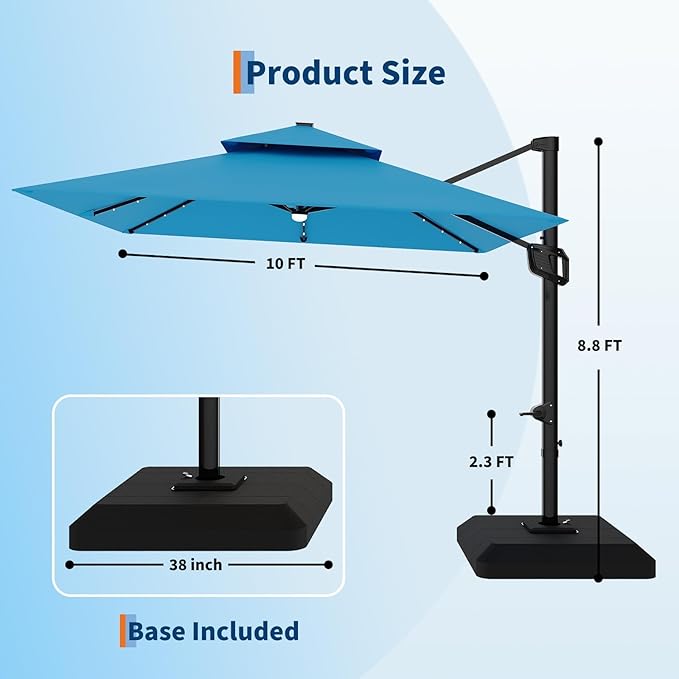 Garvee 10 ft Cantilever Patio Umbrella with Solar Lights, 360° Rotation Offset Umbrella, Easy Crank & Tilt Adjustment, UV Protection for Backyard, Poolside, Deck -Turquoise