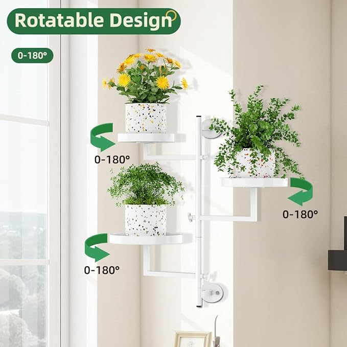 Plant Holder Indoor Rotating Window Plants Shelves Metal Wall Plant Stand 3 Tier Wall Planters for Indoor Plants, for Outdoor, Patio, White