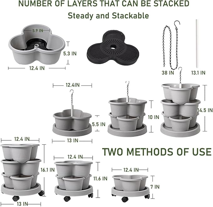 Vertical Strawberry Planter 3 Tier Hanging Vertical Gardening Stackable Planter, Hanging Strawberry Planter Pot for Strawberries, Flowers, Herbs, Vegetables with Removable Wheels and Hooks