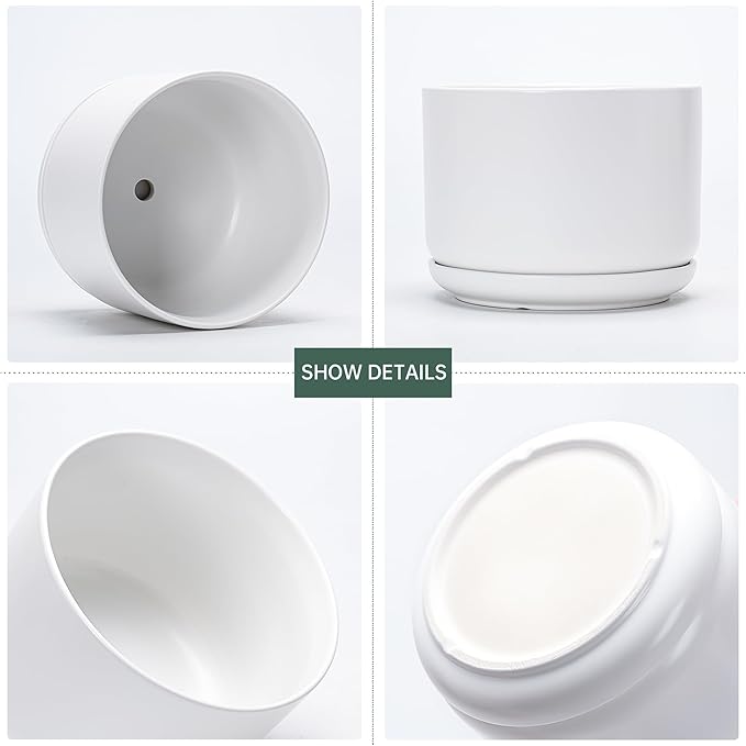 Ton Sin Plant Pots, 4.1+5.1+6.5 inch, Set of 3, Ceramic Planters with Drainage Hole and Saucer, Indoor Flower Pot with Drainage Hole, Gifts for Mom(Matte White)