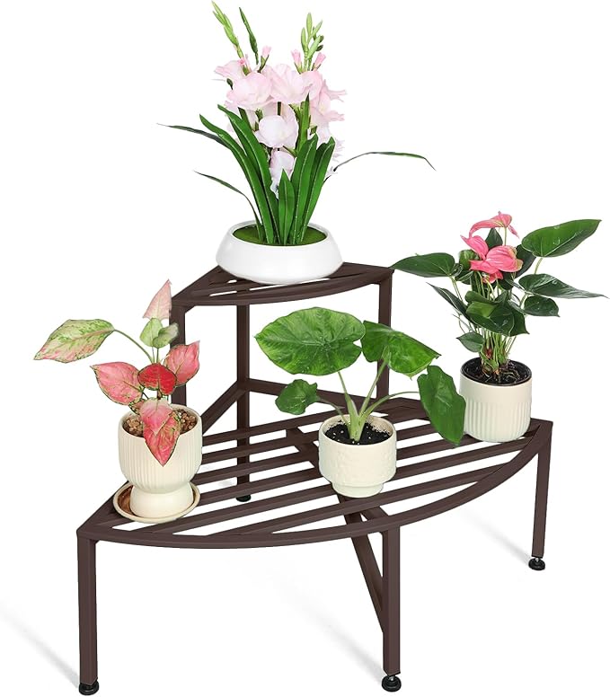 Corner Plant Stand Outdoor Metal,2 Tier Heavy Duty Ladder Plant Shelf Indoor for Multiple Plants,37.08" L x 22.83" W x 20.07" H,Coffee