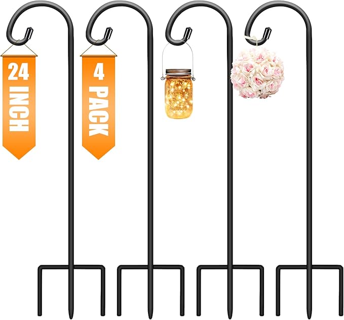 Gtongoko 24 Inch Shepherds Hooks for Outdoor 4 Pack Adjustable Garden Hooks for Hanging Plants, Lanterns, Bird Feeders, Solar Lights, Mason Jars, Weddings Decor, Adjustable, Black