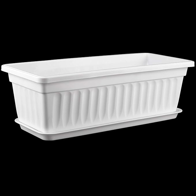 6 Pack 17 Inches Countryside Flower Box Planters, Plastic Vegetable Planters with 30 PCS Plant Labels, White Flower Window Boxes with Attached Tray for Windowsill, Patio, Garden, Balcony…