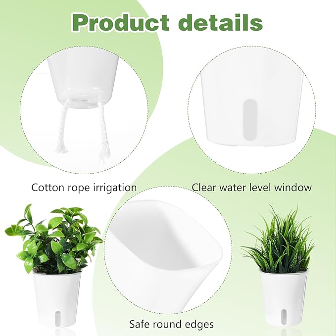 20 Pcs 3 Inch Self Watering Pots for Indoor Plants, White Plastic Self Watering Planters with Wicking Rope Visual Water Level & Vent Holes for Succulents, Flowers Indoor Outdoor