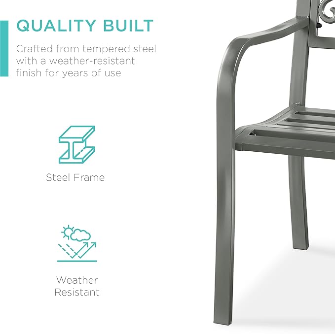 Best Choice Products Outdoor Bench Steel Garden Patio Porch Furniture for Lawn, Park, Deck w/Floral Design Backrest, Slatted Seat - Gray